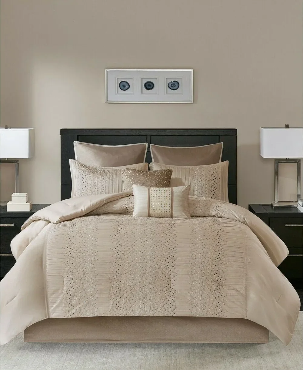 Madison Park Camelia 8 Pieces King Comforter Set Faux Silk Neutral Brown NEW